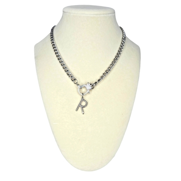 Melania Clara Silver Pave Queen Crown Initial Cuban Link Chain Necklace - Picture 1 of 6